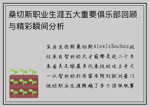 桑切斯职业生涯五大重要俱乐部回顾与精彩瞬间分析