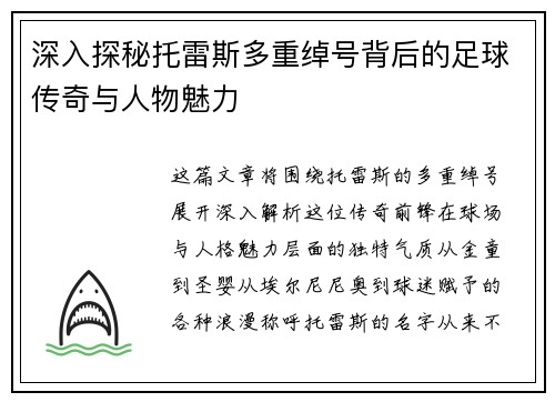 深入探秘托雷斯多重绰号背后的足球传奇与人物魅力
